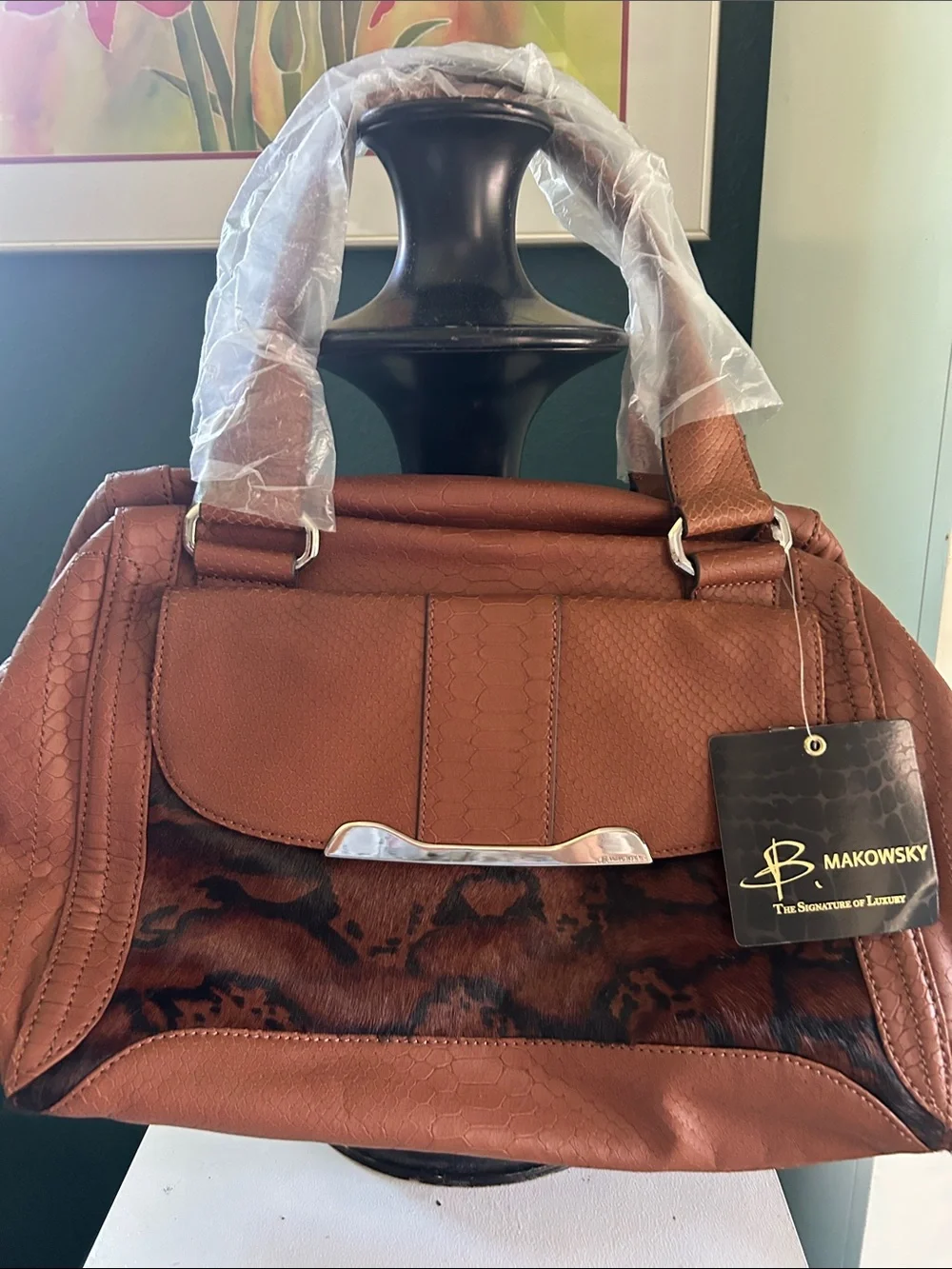 b. makowsky Tan/Brown Leather Satchel with Animal-Print Panel